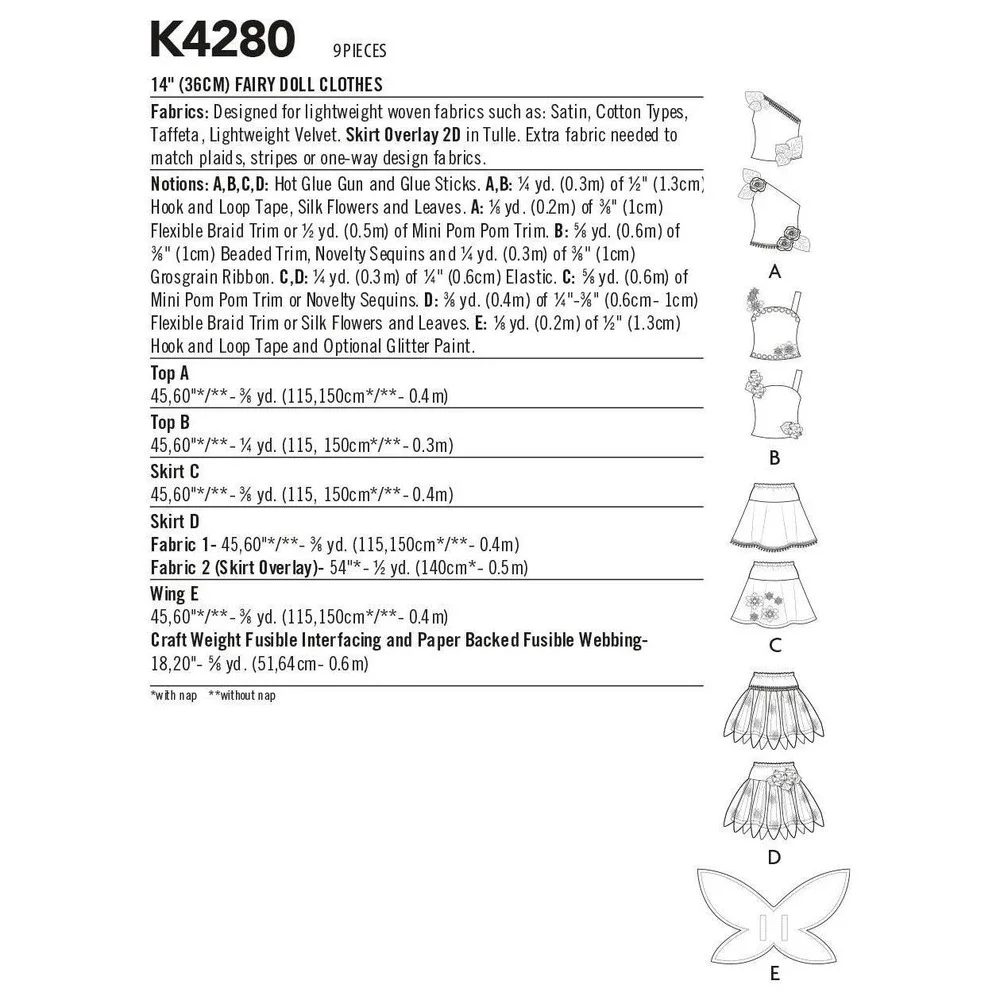 Kwik Sew K4280 R10591 Fairy Doll Clothes Sewing Pattern‎ For 14